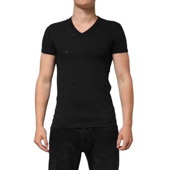 Dolce & Gabbana Black Cotton Tattered Logo V-Neck Men Men's T-shirt